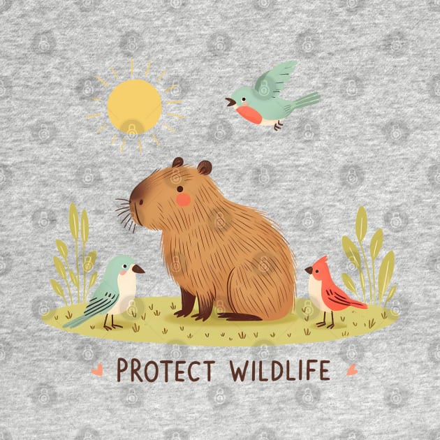 Protect Wildlife - Capybara with birds by PrintSoulDesigns